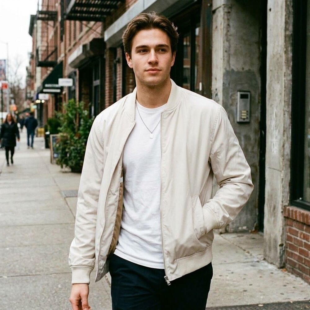 ZARA Men Lightweight Bomber Jacket Size L Oyster Cream Beige Minimalist Full Zip